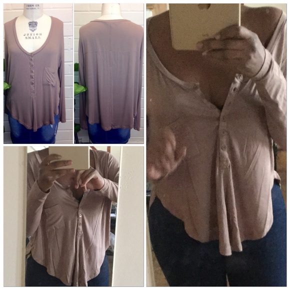 🆕Brown Scoop Neck Henley Long Sleeve Rounded Hem Oversized Slouchy Fit Pocket T - Picture 1 of 9
