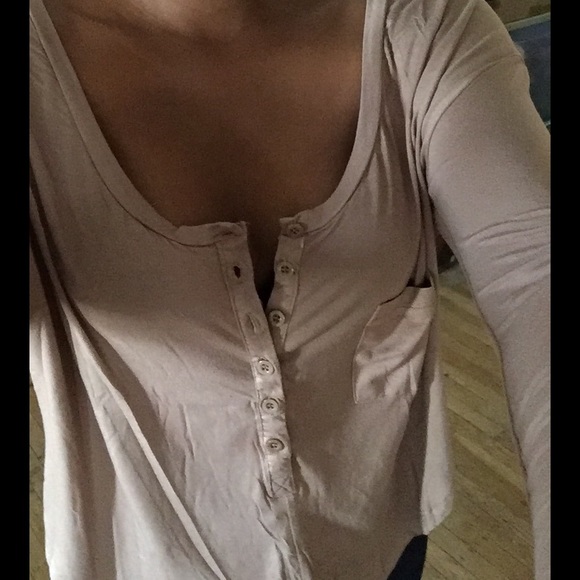 🆕Brown Scoop Neck Henley Long Sleeve Rounded Hem Oversized Slouchy Fit Pocket T - Picture 4 of 9