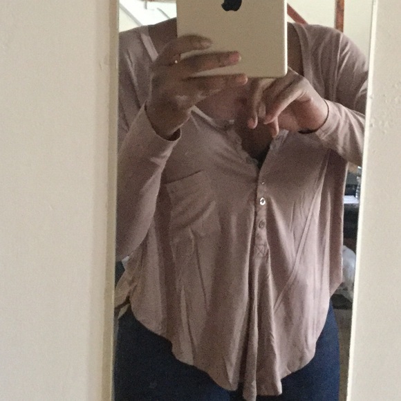 🆕Brown Scoop Neck Henley Long Sleeve Rounded Hem Oversized Slouchy Fit Pocket T - Picture 6 of 9