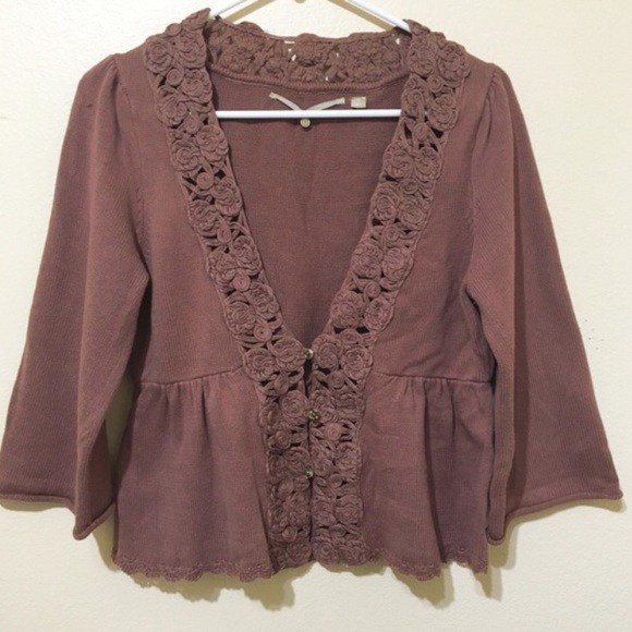 Anthropologie Sweaters - Anthropologie Mauve Crochet Rosette Trim Cardigan