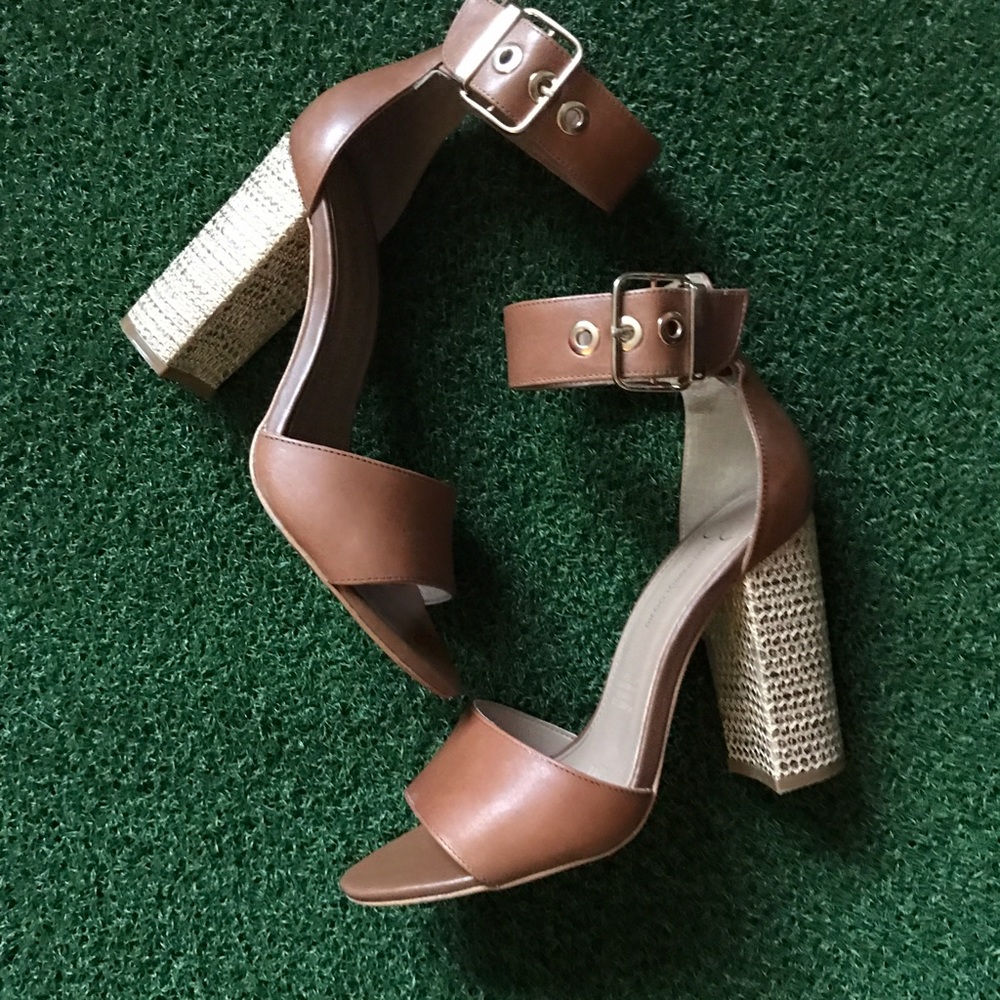 Tan ankle strap chunky heels