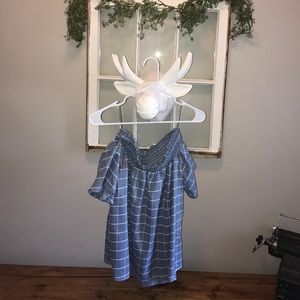 Off the shoulder blue plaid top