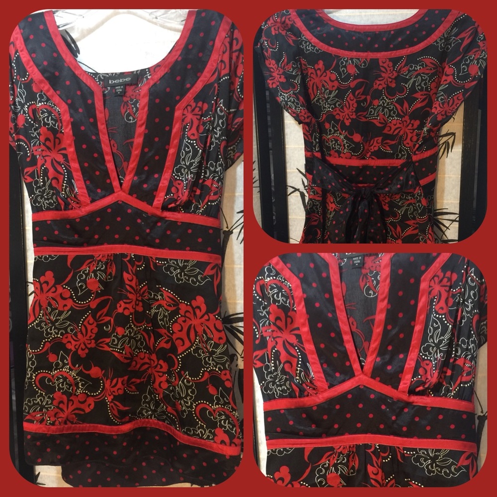 BEBE red & black silk Asian theme styled blouse