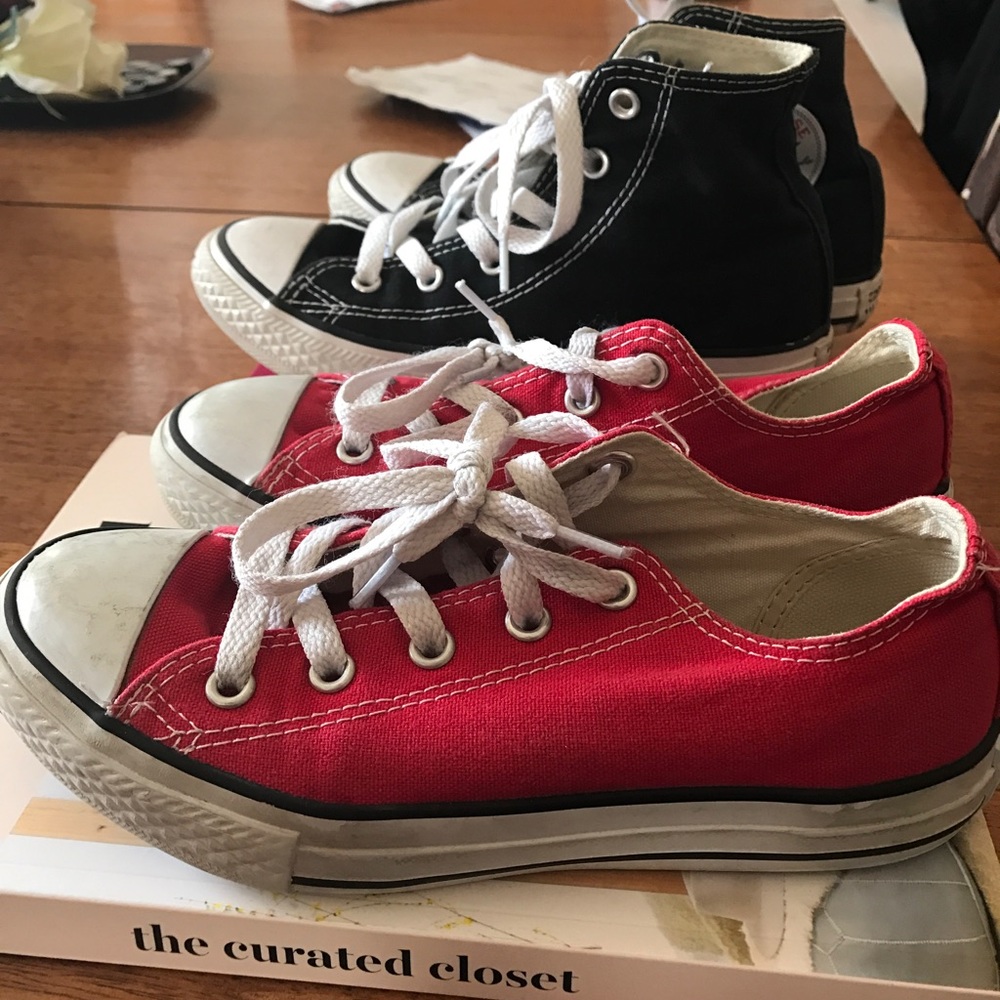 Boys' size 1 converse (high to black/low top red)