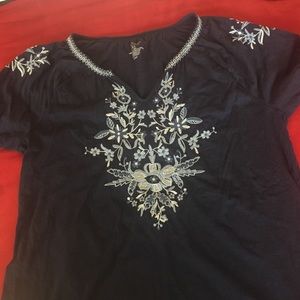 Navy blue boho peasant shirt with embroidery