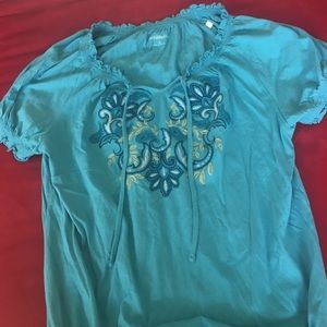 Cute aqua boho peasant shirt with embroidery