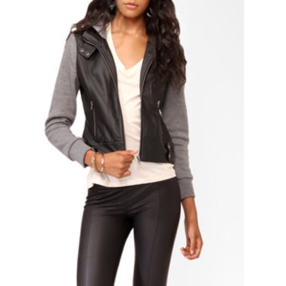 FOREVER 21 LEATHER VEST/ HOODIE COMBO JACKET