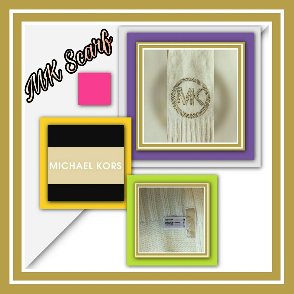Michael Kors Logo Scarf White Knit Goldtone  Studded Logo 72"L X 8"W. NEW - Picture 5 of 7