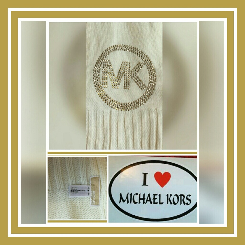 Michael Kors Logo Scarf White Knit Goldtone  Studded Logo 72"L X 8"W. NEW - Picture 2 of 7