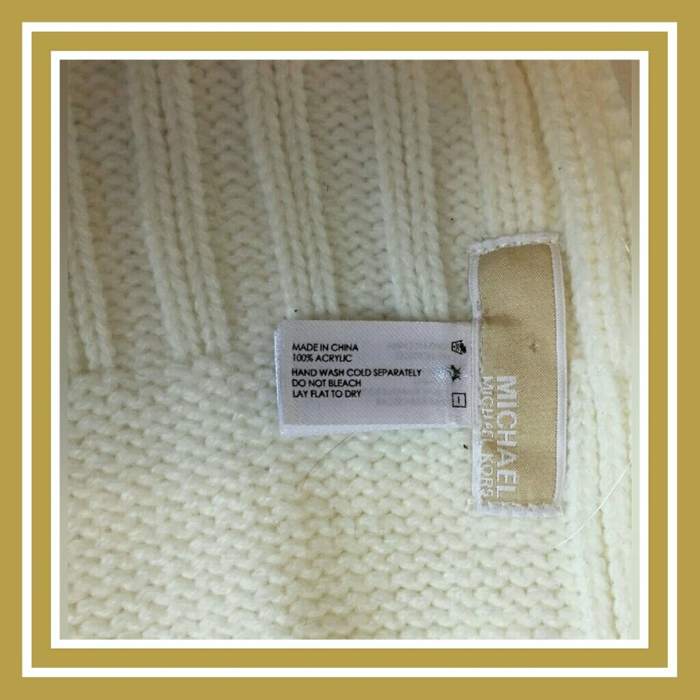 Michael Kors Logo Scarf White Knit Goldtone  Studded Logo 72"L X 8"W. NEW - Picture 3 of 7