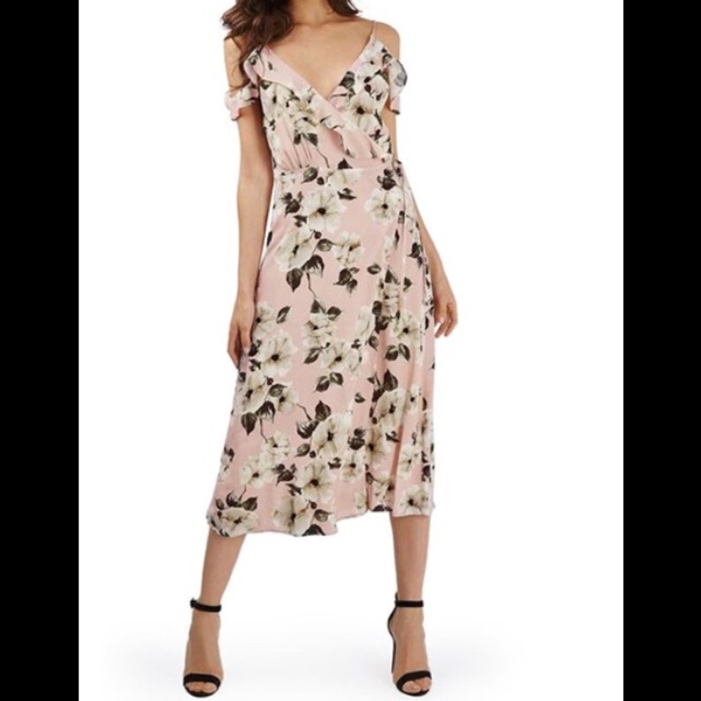 TOPSHOP blush floral  cold shoulder wrap midi