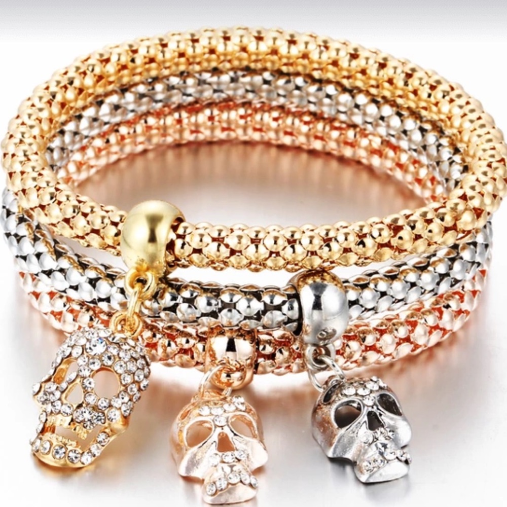 Tricolor Crystal Skull Pendant Bangles; 3PCS/Set
