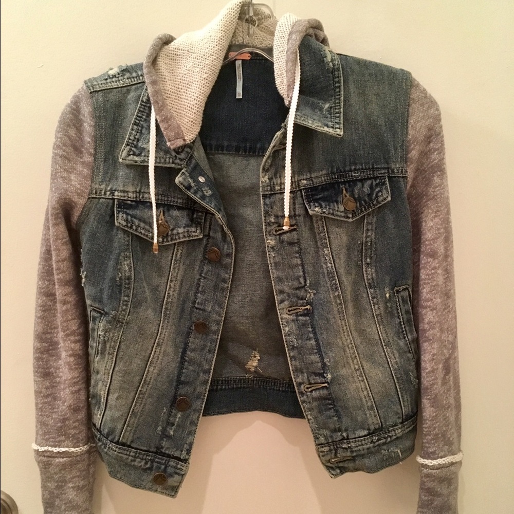 Free People XS hooded grey and denim jacket