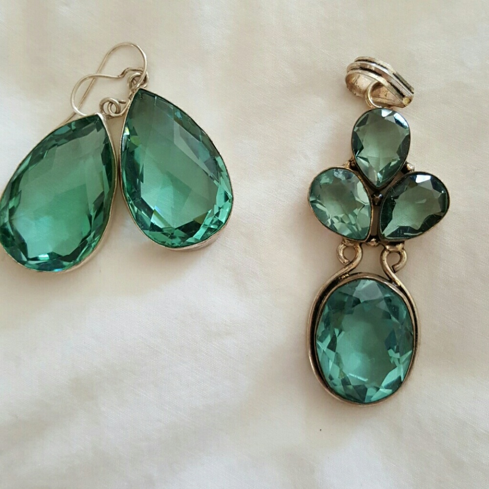 Silver plated greenish-blue earrings and pendant.