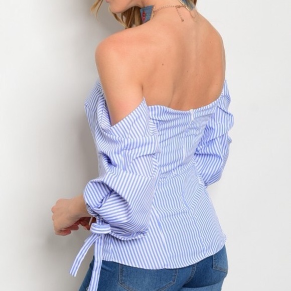Blue Striped Off Shoulder Blouse - Picture 4 of 4