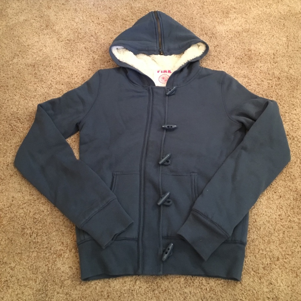 NEW VS PINK navy fur lined toggle hoodie in small
