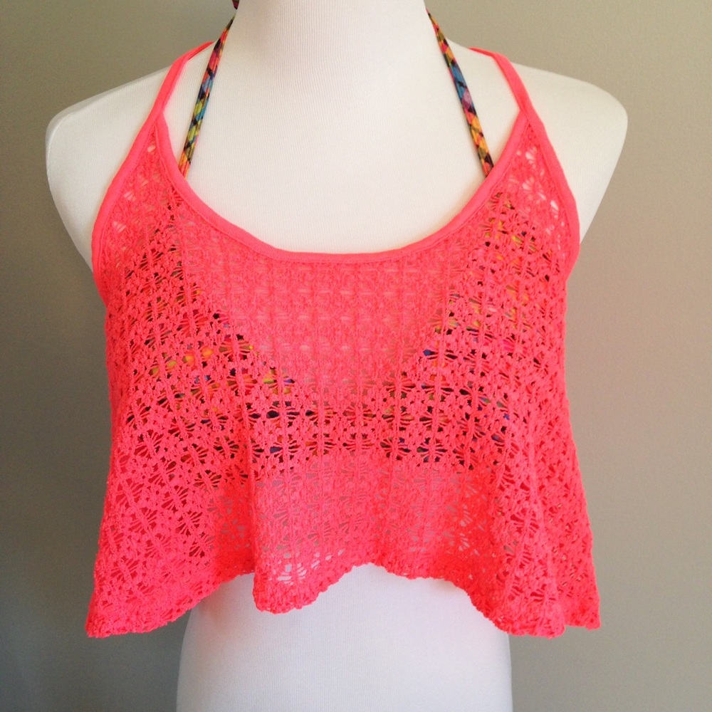 PINK VS Flounce Crochet Cover Up Top Neon Pink EUC