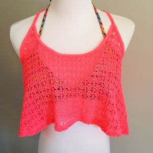 PINK VS Flounce Crochet Cover Up Top Neon Pink EUC