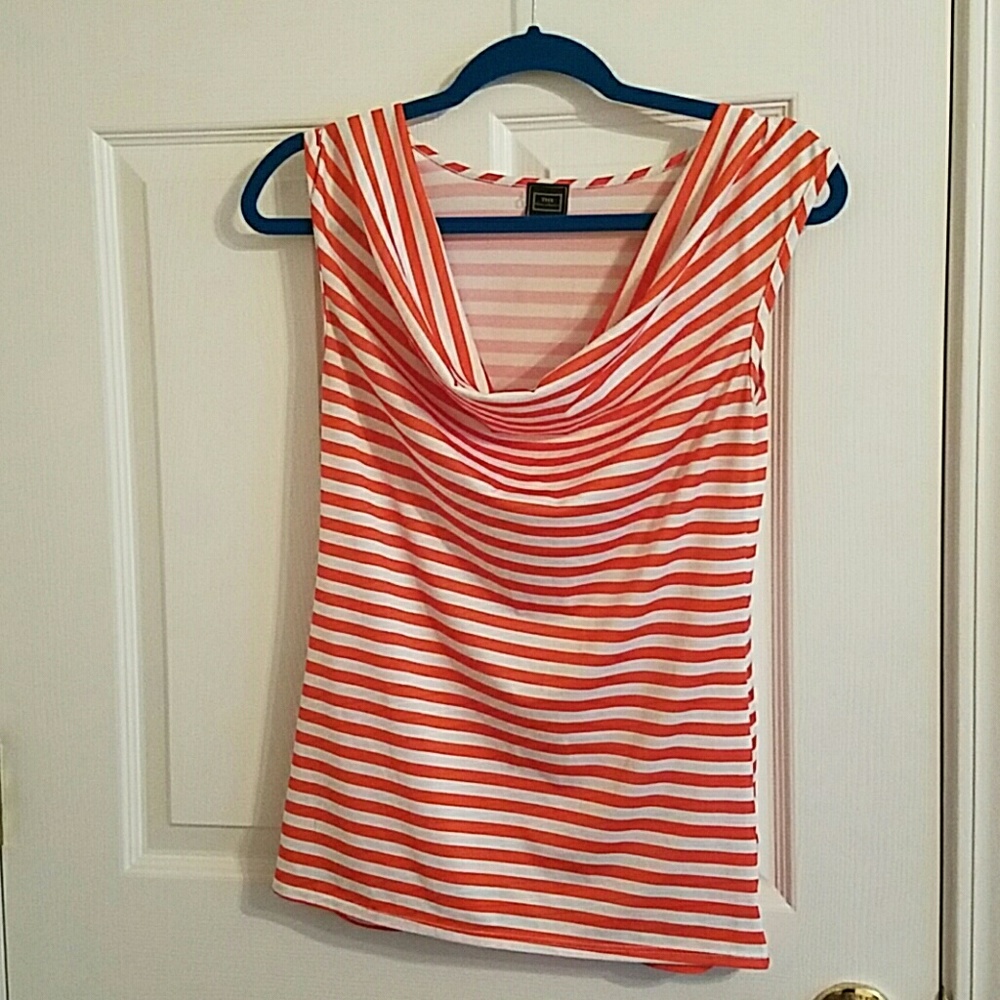 Orange striped shirt with plunging neckline