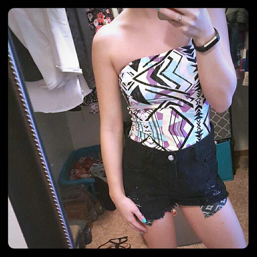 Tribal Tube Top & Black High-waisted Shorts