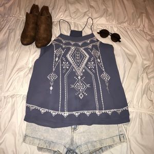 Blue and white design thin strapped blouse