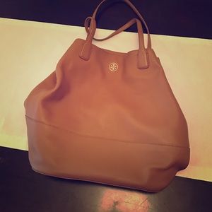 Camel color Tory Burch bucket bag