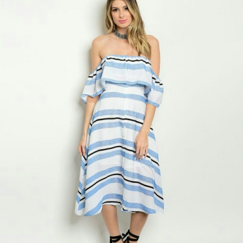Blue and White off shoulder dress.
