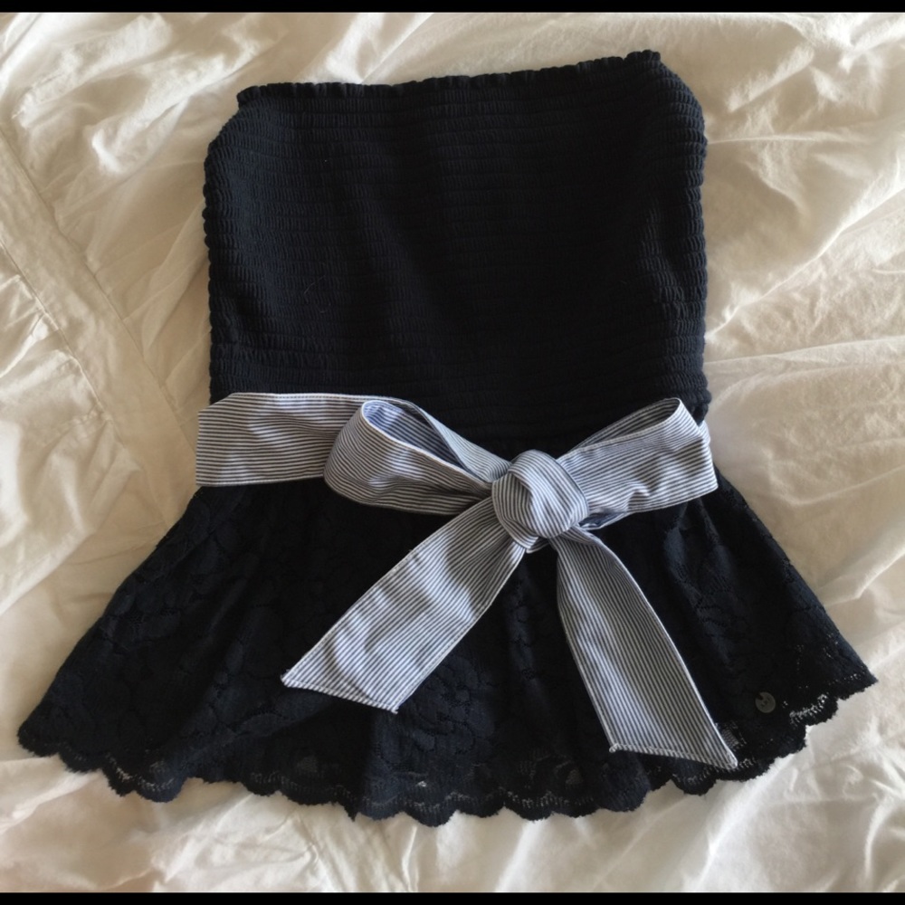 A&F Dark Blue Lace Strapless Top with Ribbon