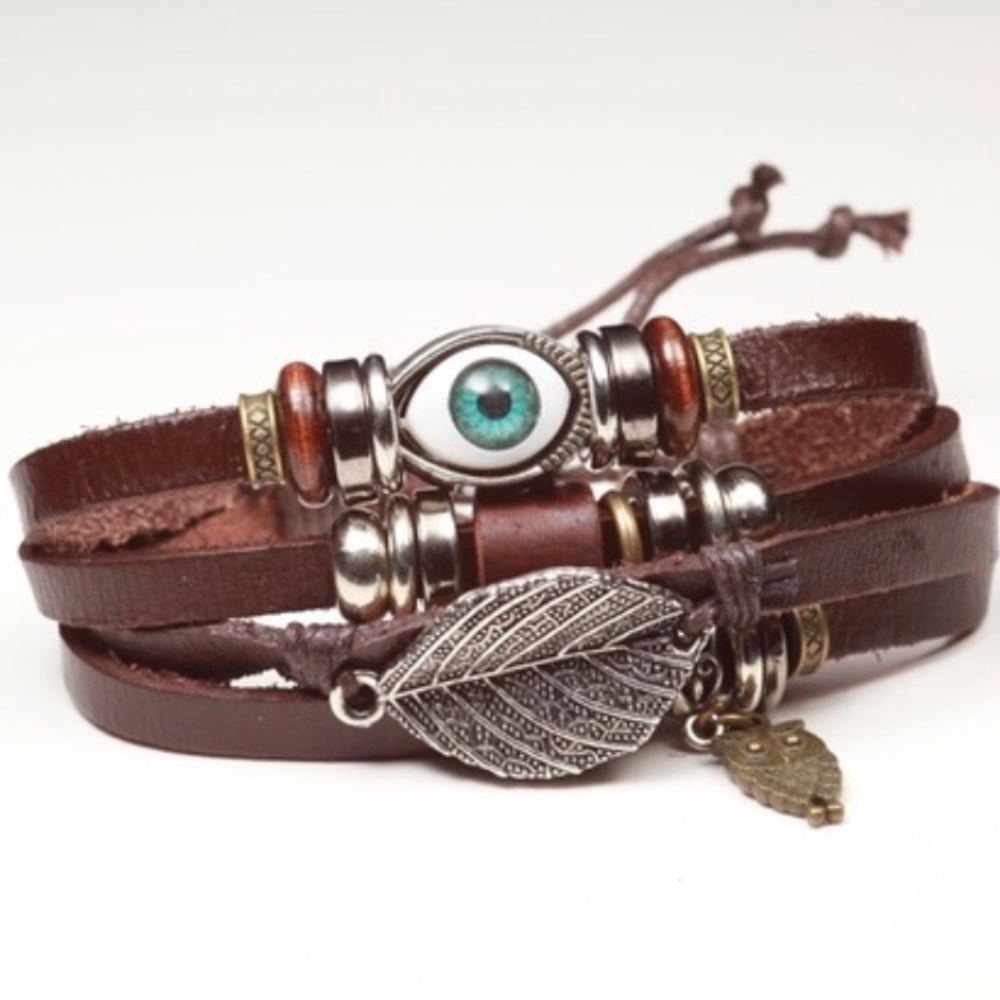 Unisex Vintage Brown Leather Evil Eye Bracelet
