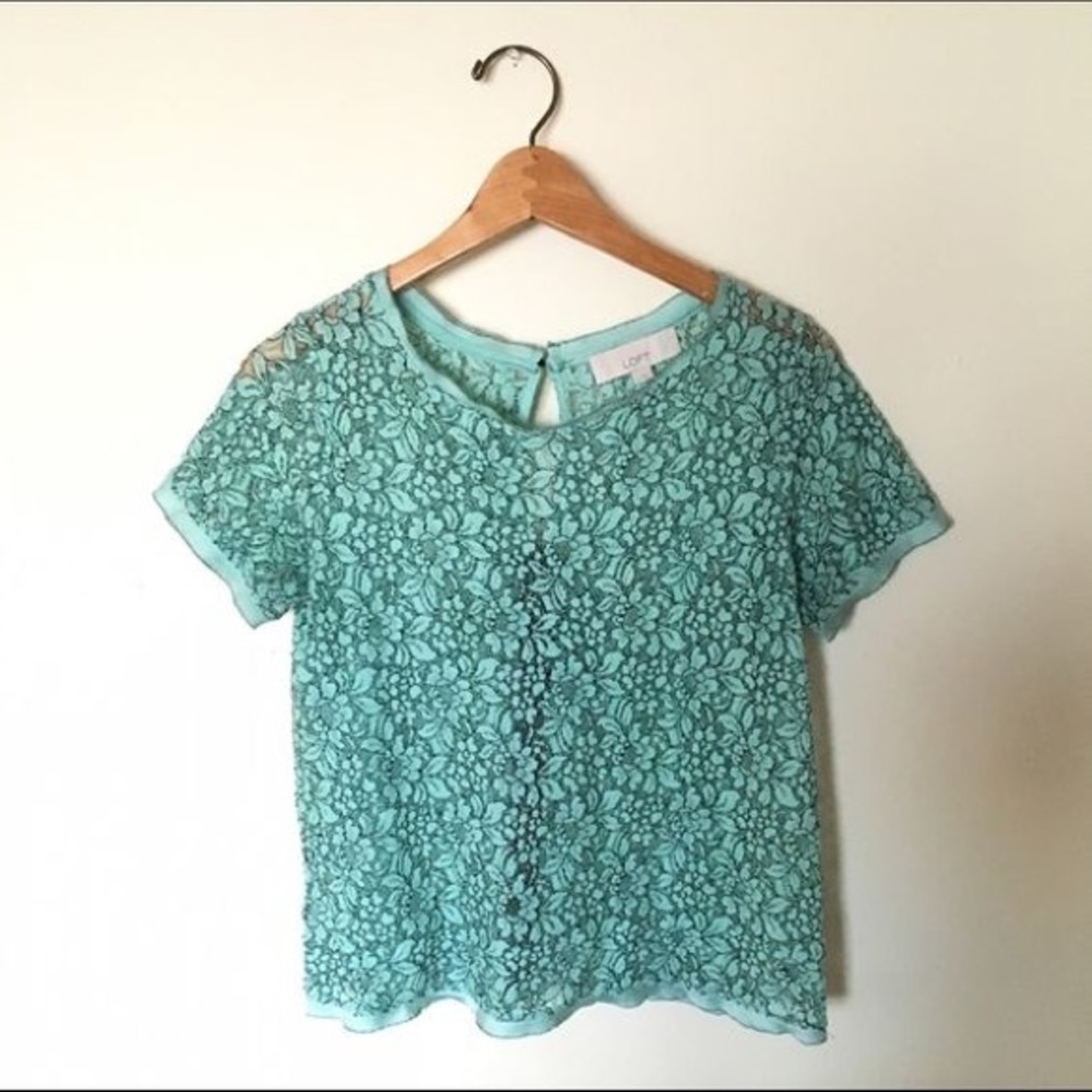 Mint Green and Black LOFT Lace Top w Black Zipper