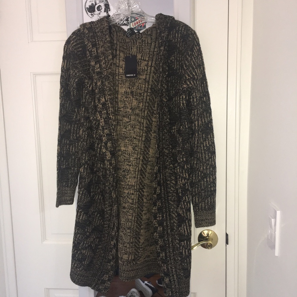 Long Hooded Black and Taupe Cardigan