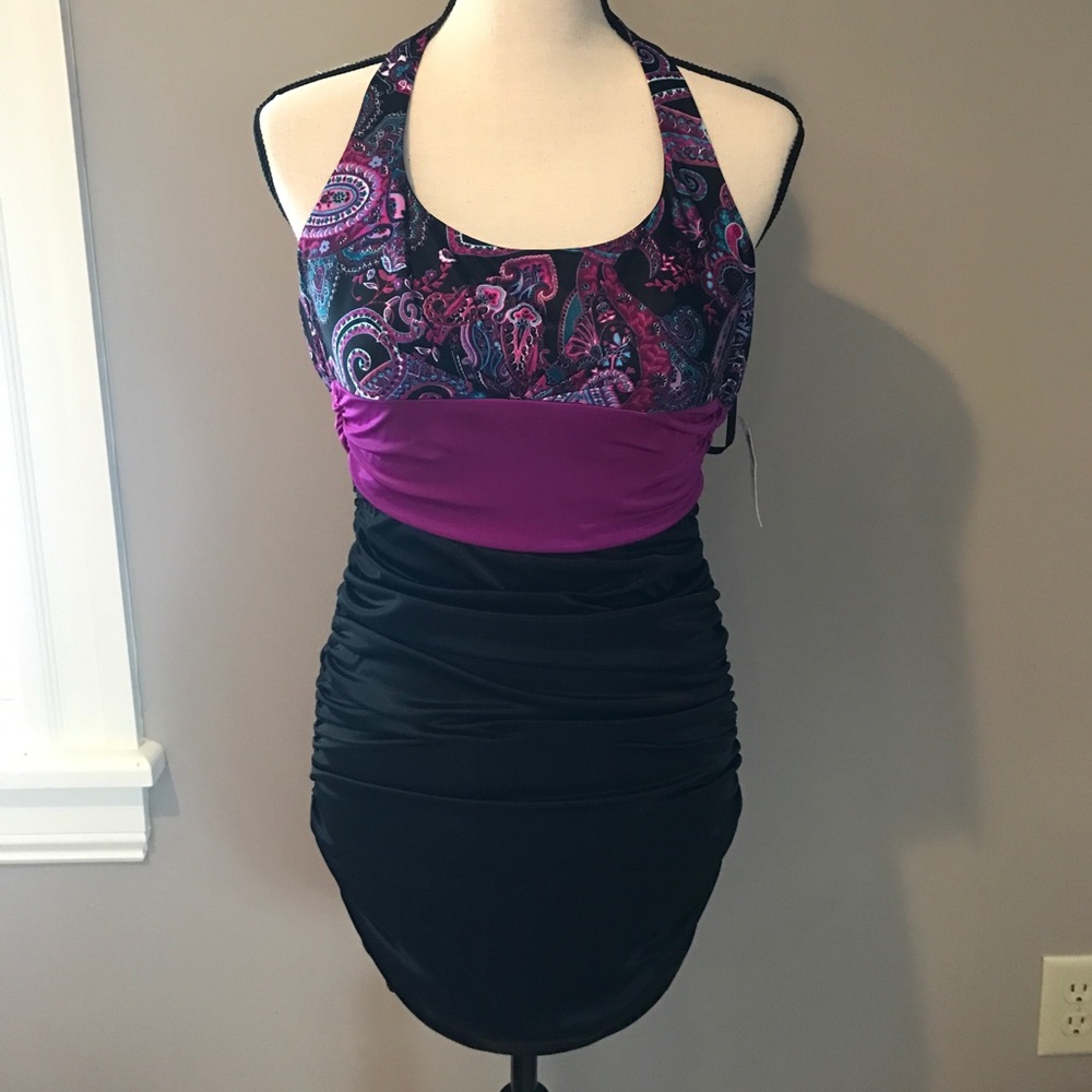 Multicolored halter cinched short dress-