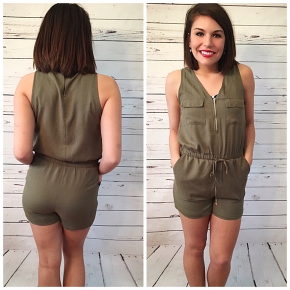 Olive utility romper - zipper/pockets! - Picture 2 of 2