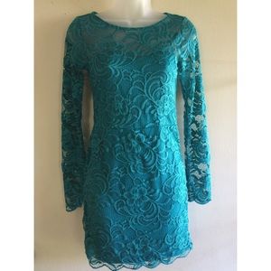 Teal lace floral long sleeve party dress