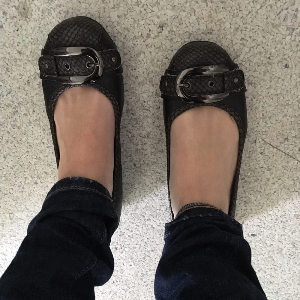 Cathy Jean flats with animal skin & buckle detail