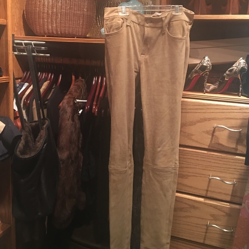 Camel colored suede-like stretchy "7" jeans