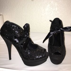 Black Sequin Bow Peep Toe Platform Heels
