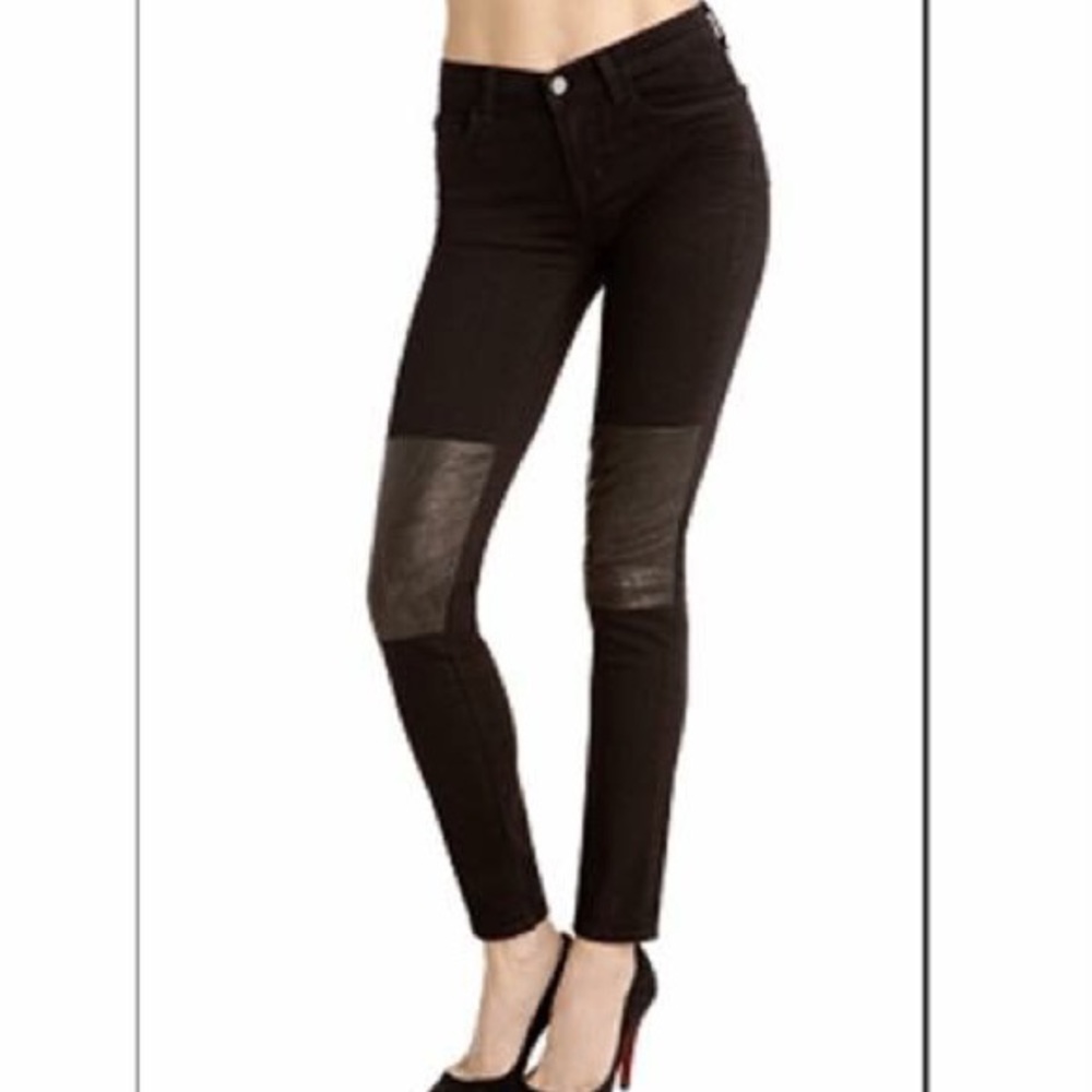 Black J Brand jeans with leather patches