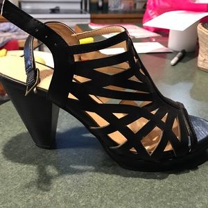 Black chunky strapped heels
