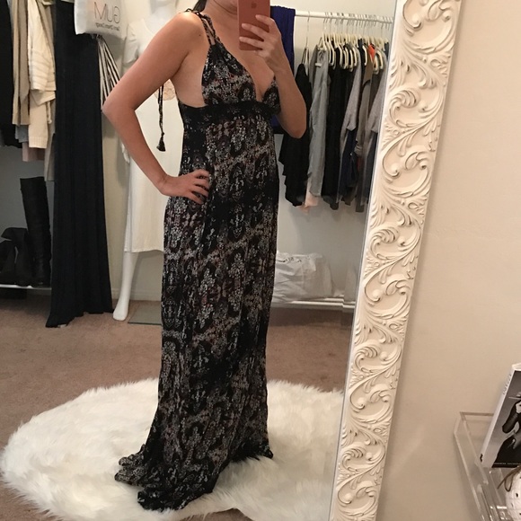 Black Printed Strappy Sexy low Plunge Maxi Dress - Picture 6 of 8