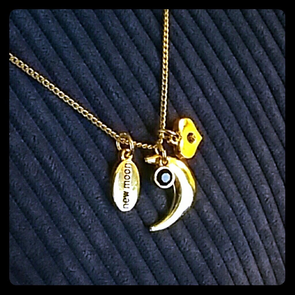 Cute New Moon Charm Jeweled Gold Necklace
