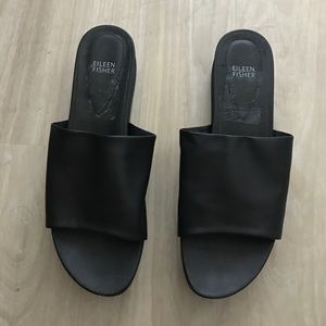 Black leather slide sandals, size 10