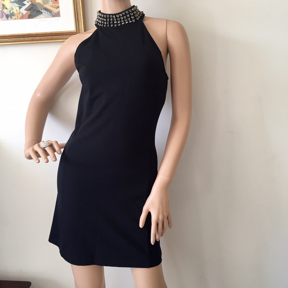 Sexy XS black cocktail dress with jeweled neck
