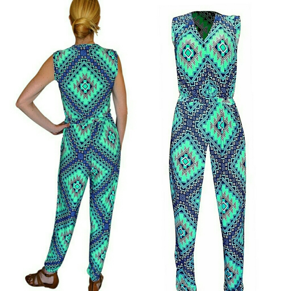 Geometric turquoise blue jumpsuit pants