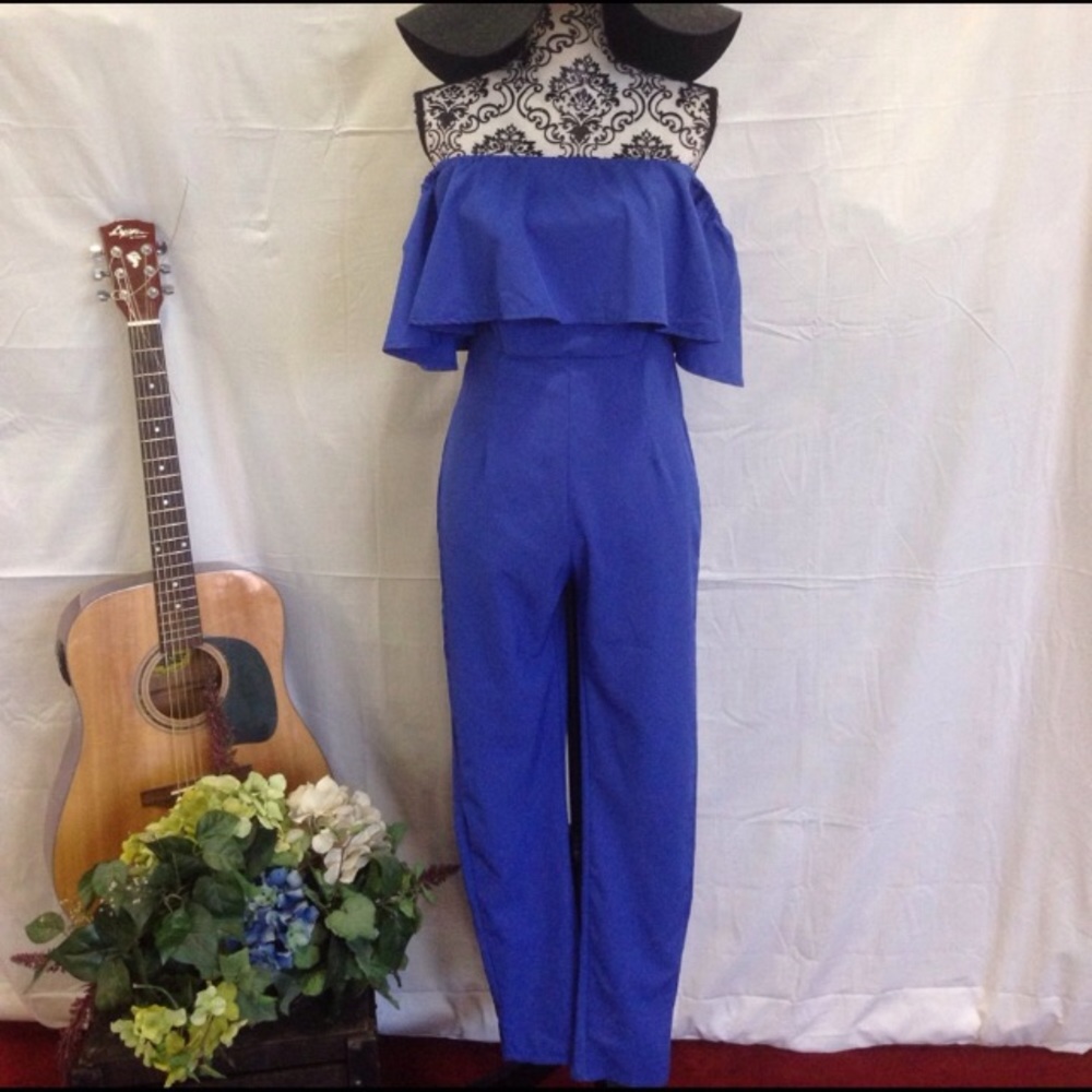 Boho Cobalt Off The Shoulder 1 Piece Jumpsuit - Picture 2 of 4