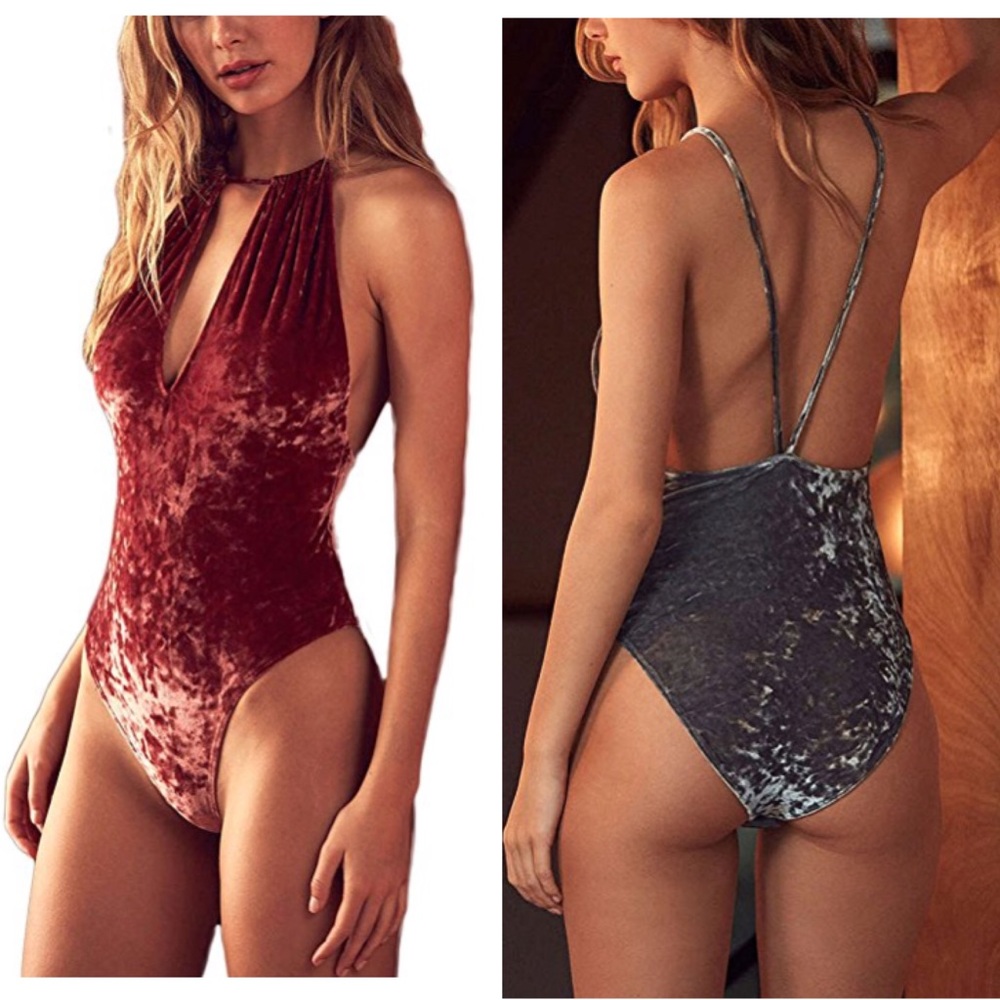 Crushed Velvet Halter Neck High Grey One Piece - Picture 2 of 2