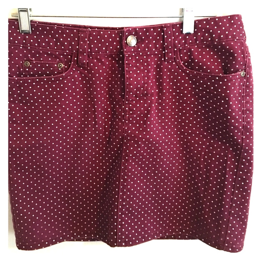Maroon jean skirt with small white polka dots