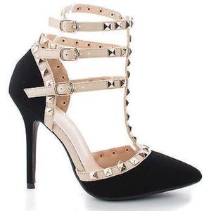 Black Nubuck  Multi Stud Ankle Strap  Heel Pumps