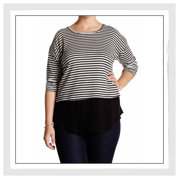 {Plus} Cold Shoulder Striped Contrasting Hem Top - Picture 5 of 5