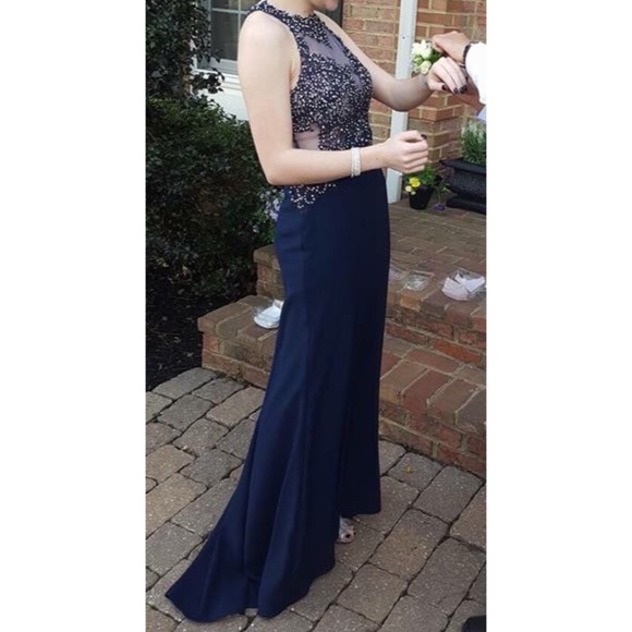 Navy Blue Embellished Prom Dress - Picture 3 of 4